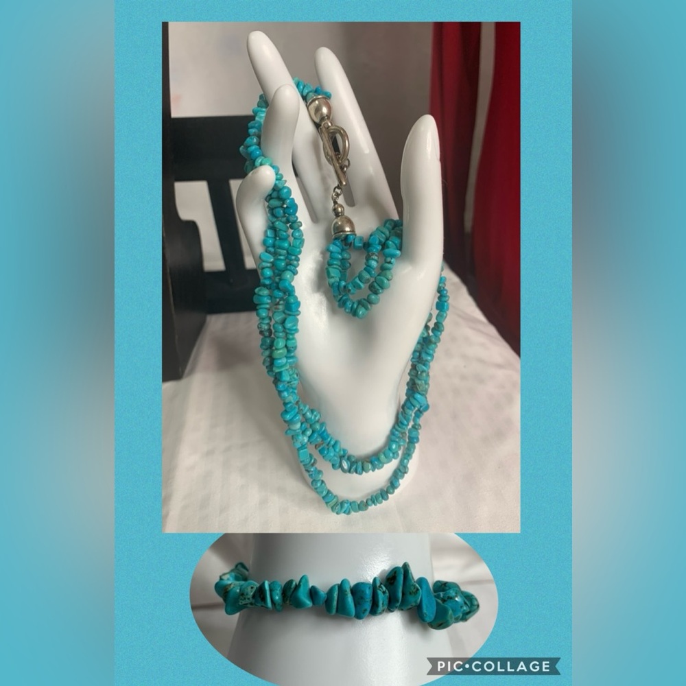 Vintage Turquoise Chips Layered Necklace & Bracelet Jewelry Set - Toggle Closure